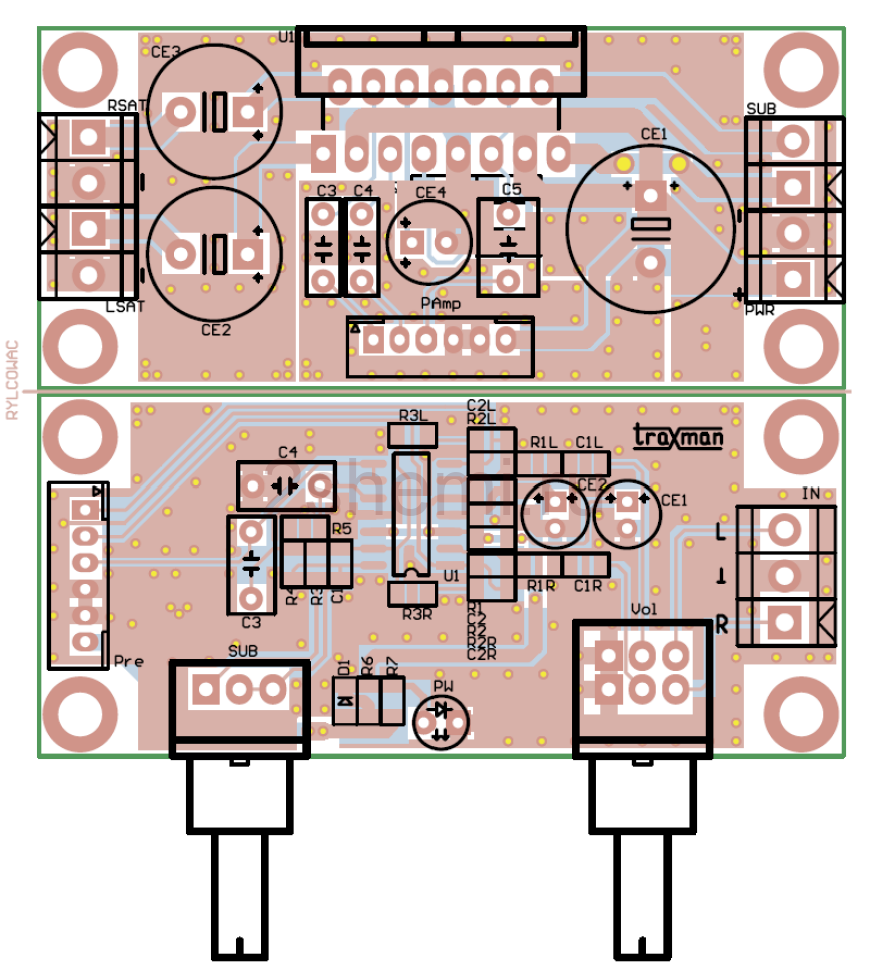 Усилитель звука стерео с басовым каналом, питание 12V