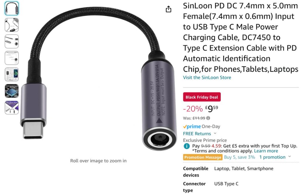 USB-C адаптер для зарядки от БП ноутбука